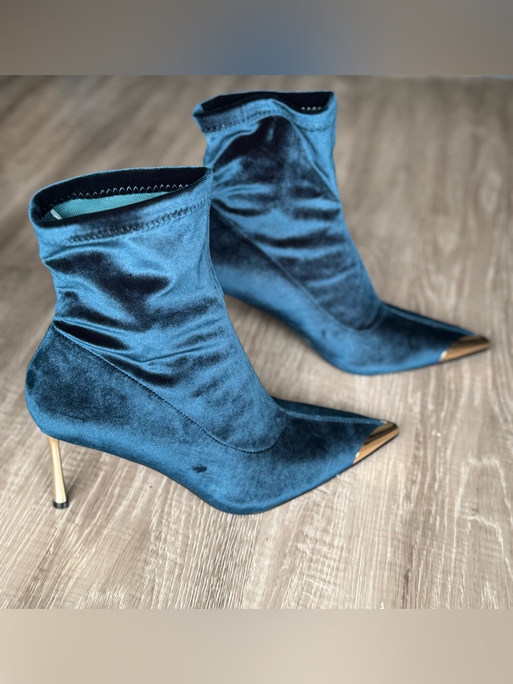 Women's Teal Velvet Pointed-Toe Stiletto Ankle Boots with Gold-Tip
